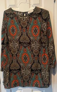 Veronicam Shiftdress Mini Paisley BOHO, long sleeve, Size L, $18, B52